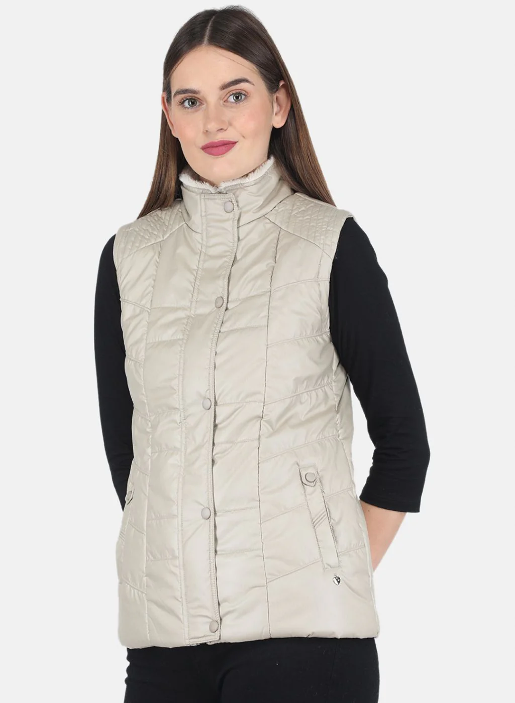 Women Beige Solid Jacket - Image 2
