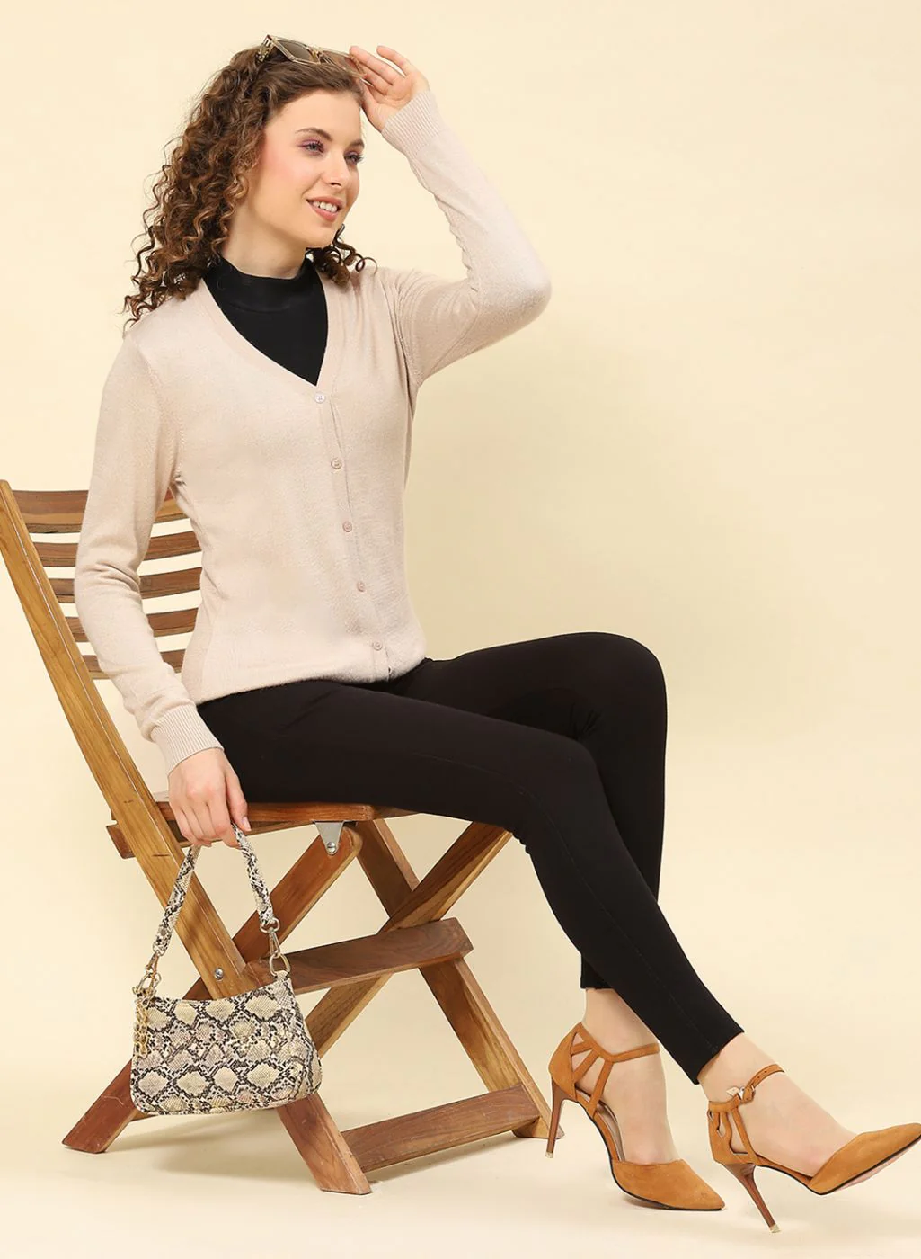 Women Beige Solid Modal Nylone Cardigan