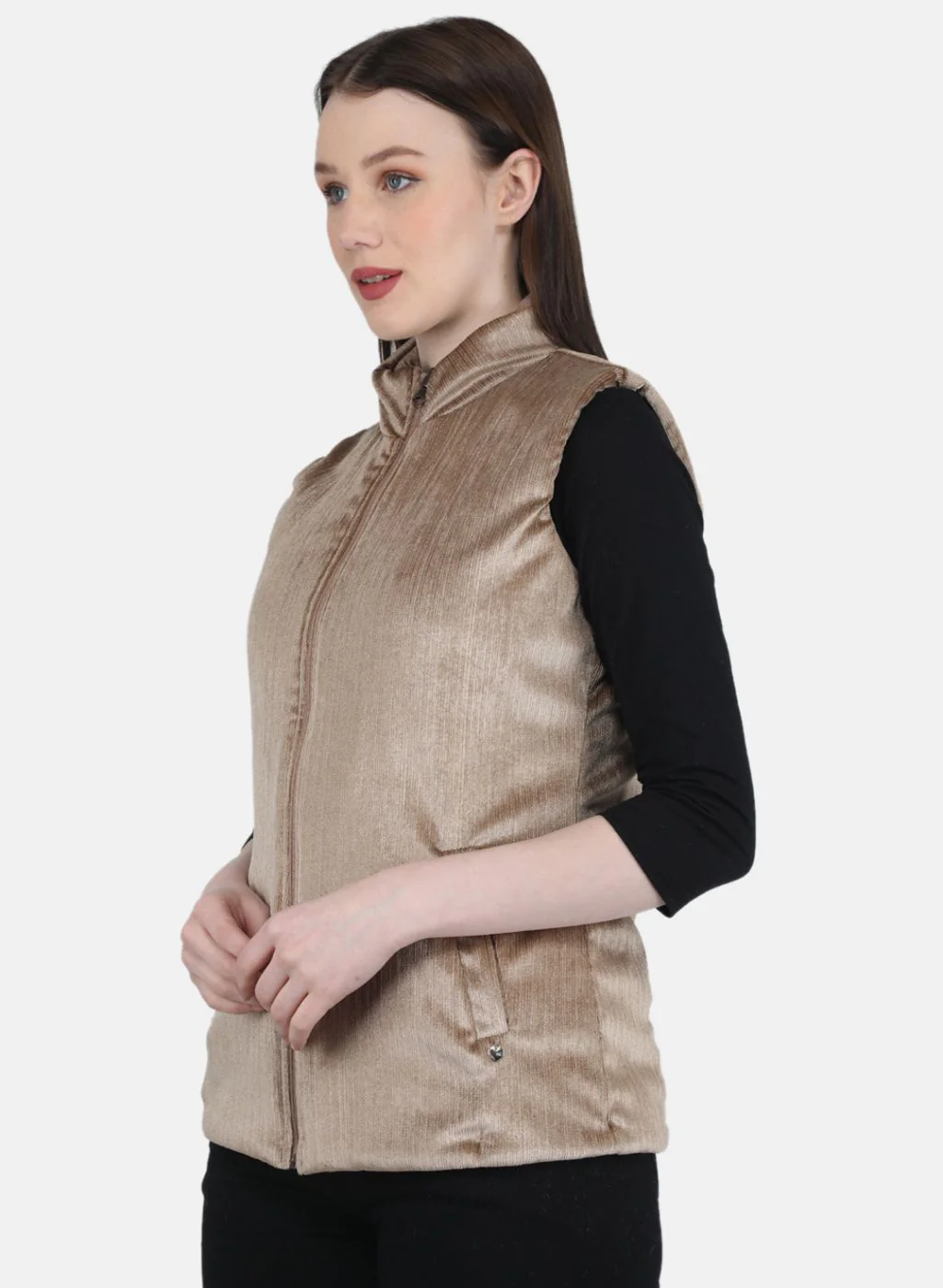 Women Beige Stripe Jacket - Image 2