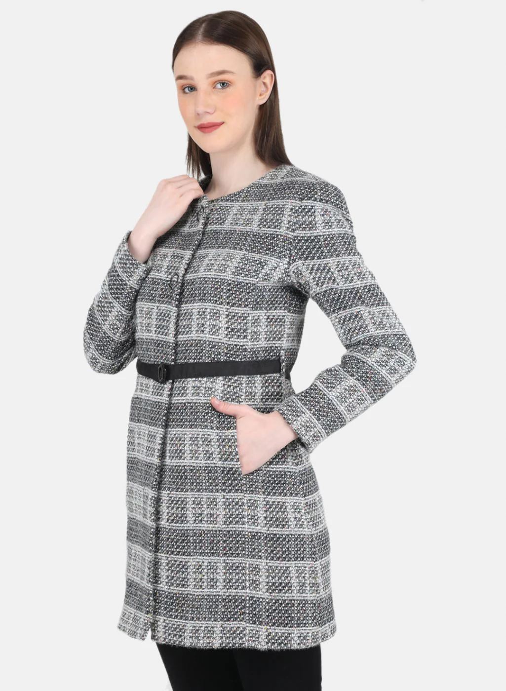 Women Black Check Coat - Image 2