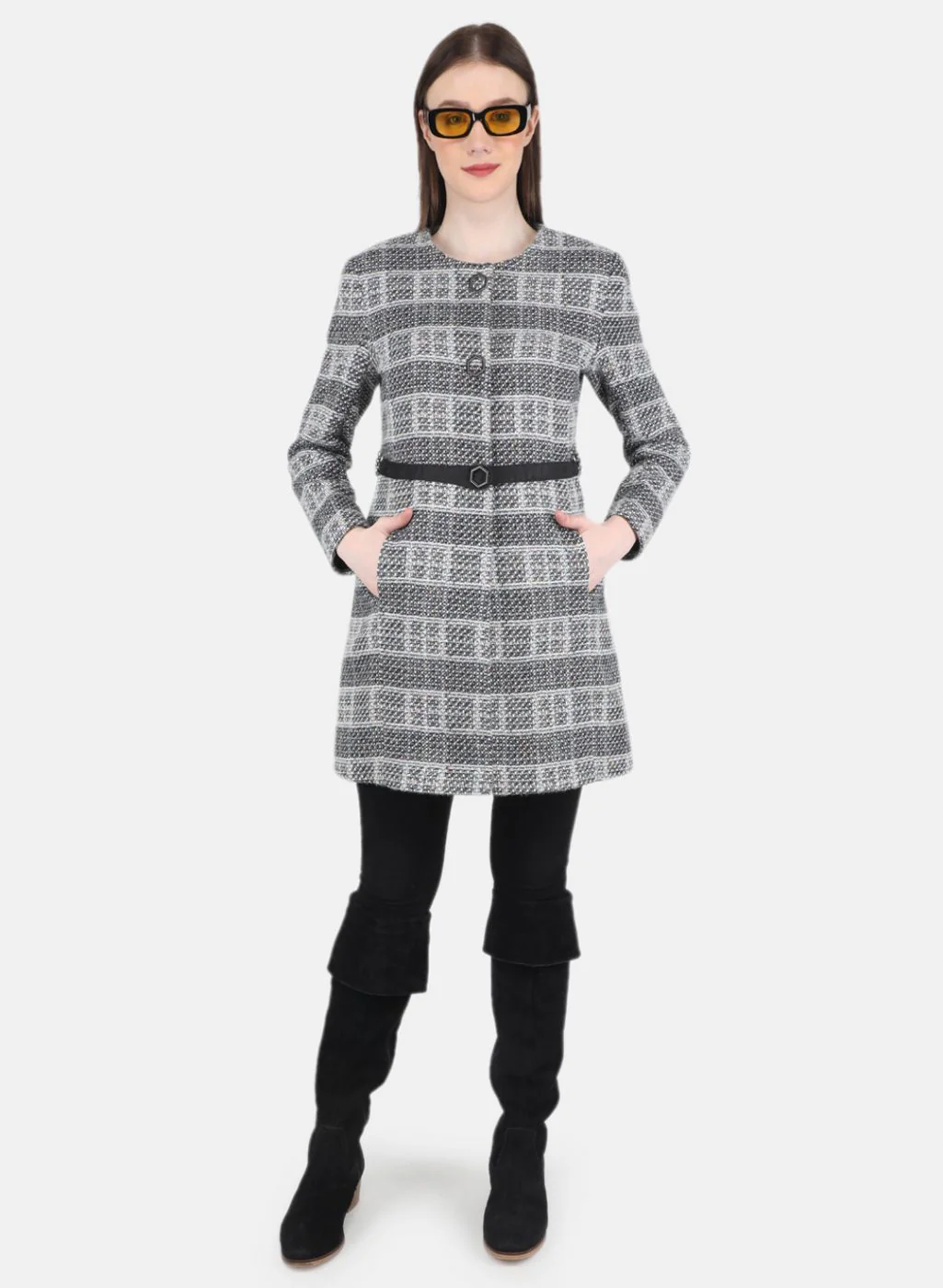 Women Black Check Coat - Image 4