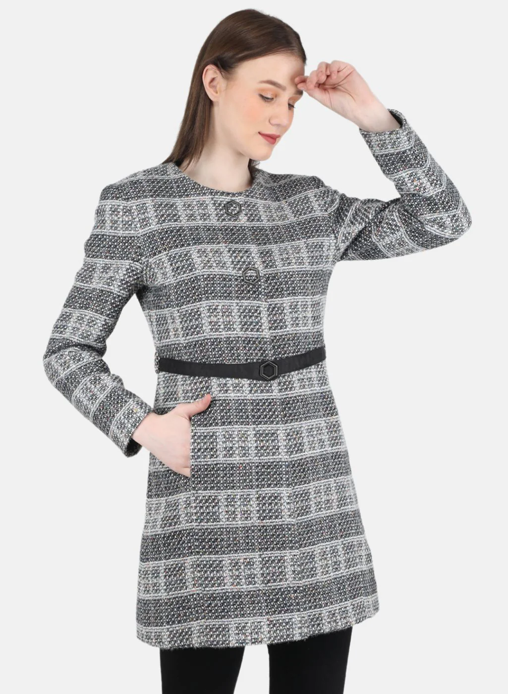 Women Black Check Coat - Image 6