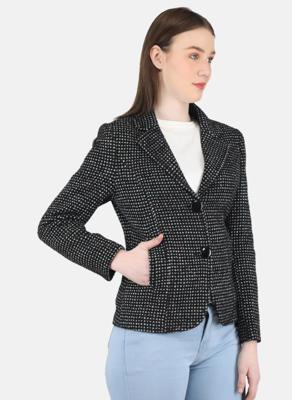 Women Black Jaquard Coat - Image 6