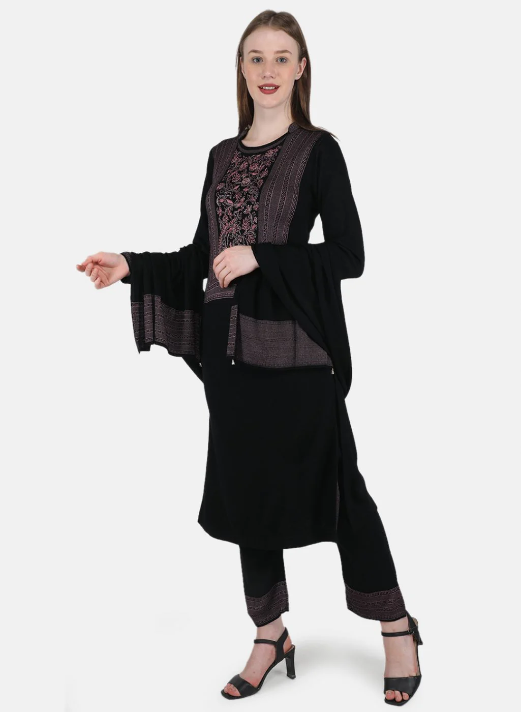 Women Black Self Design 3 Pc Kurti+Stole+Lower - Image 7