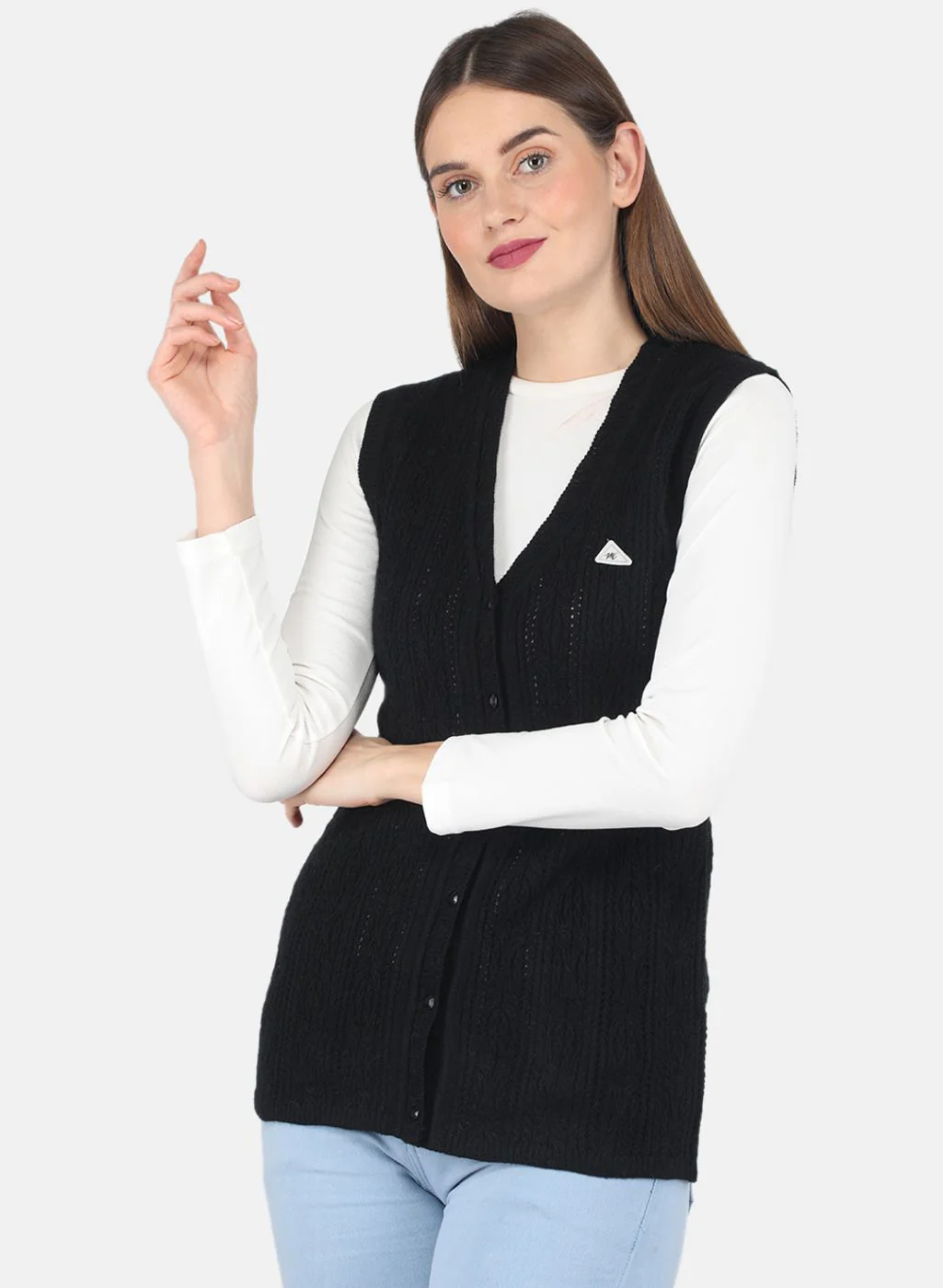 Women Black Self design Cardigan - Image 2