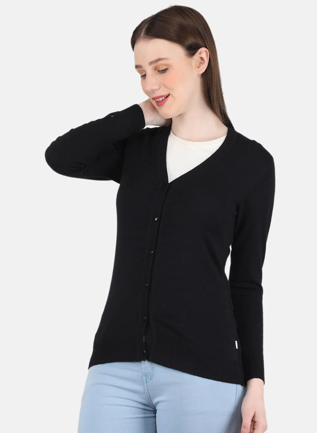 Women Black Self Design Cardigan - Image 2