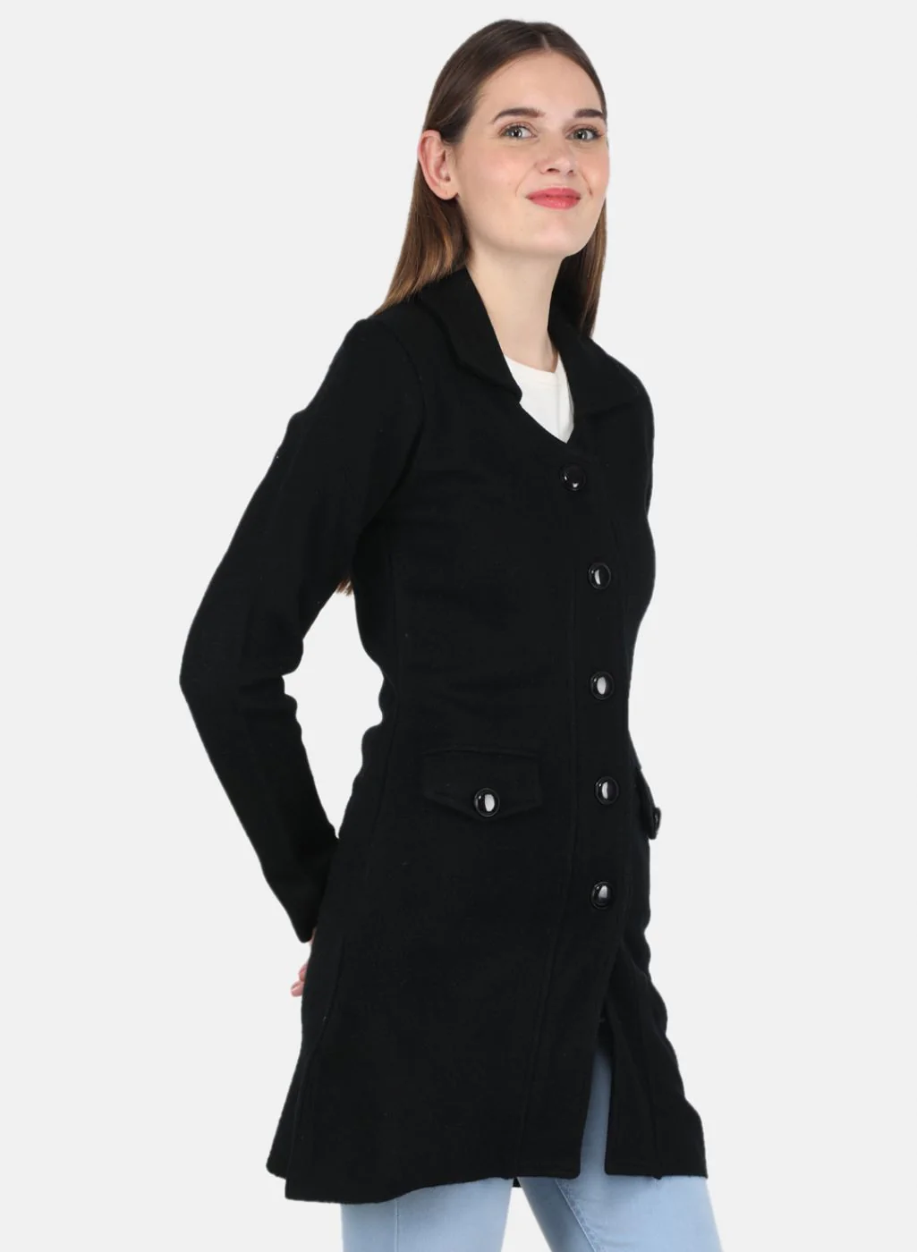 Women Black Self design Coat - Image 6