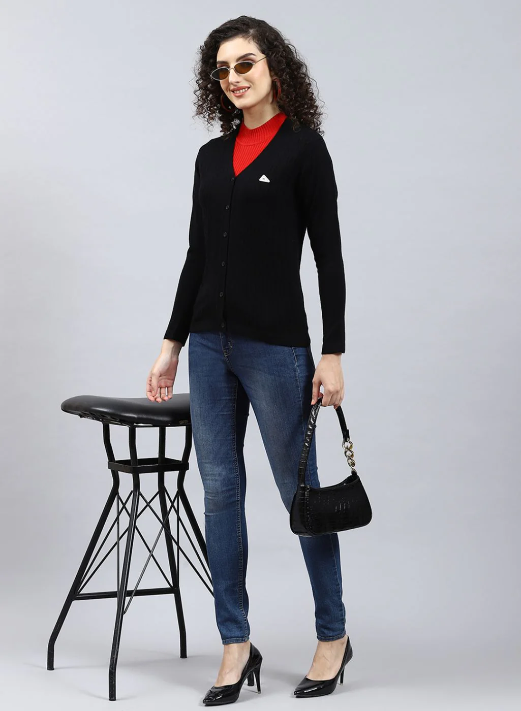 Women Black Self Design Wool blend Cardigan