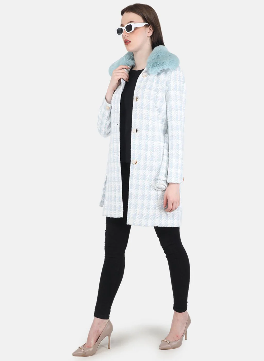 Women Blue Check Coat - Image 3