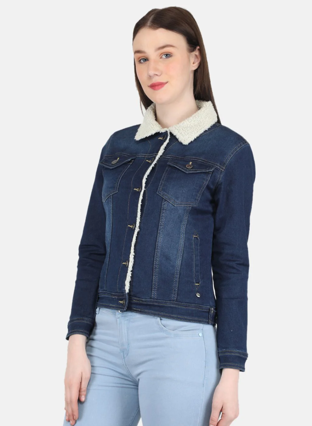 Women Blue Solid Denim Jacket - Image 2