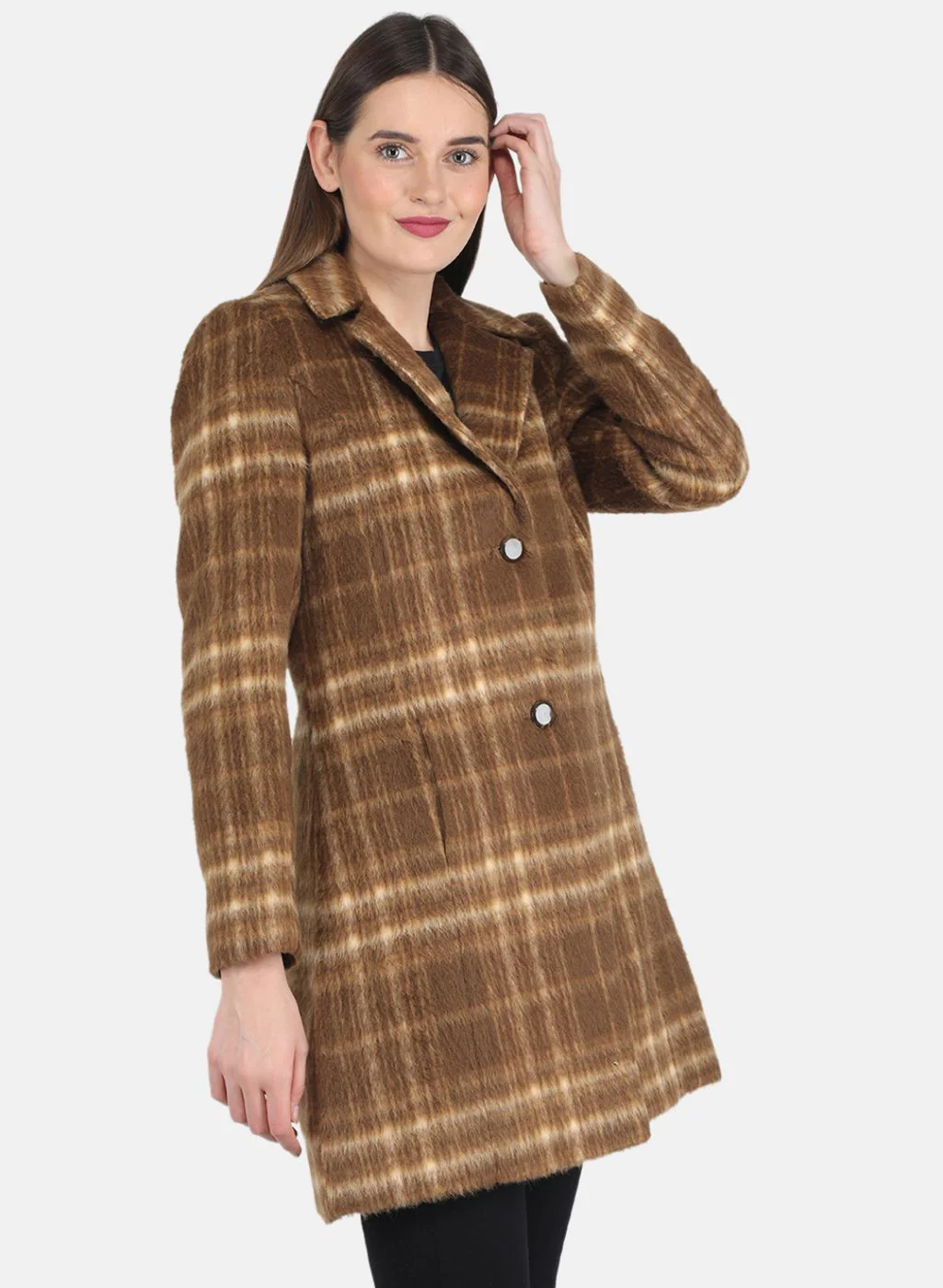 Women Brown Check Coat - Image 6