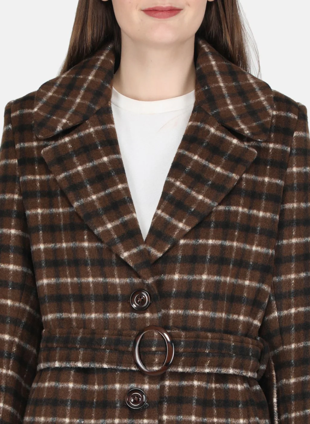 Women Brown Check Coat - Image 5