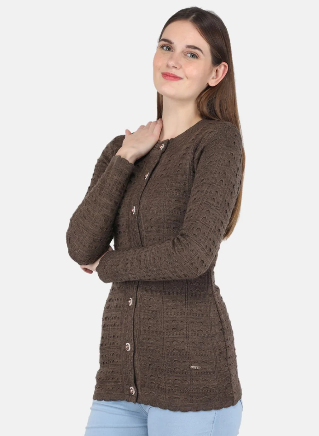 Women Brown Self design Cardigan - Image 2