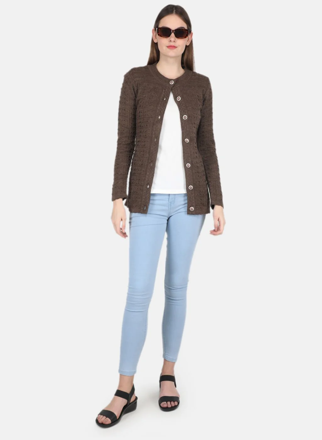 Women Brown Self design Cardigan - Image 4