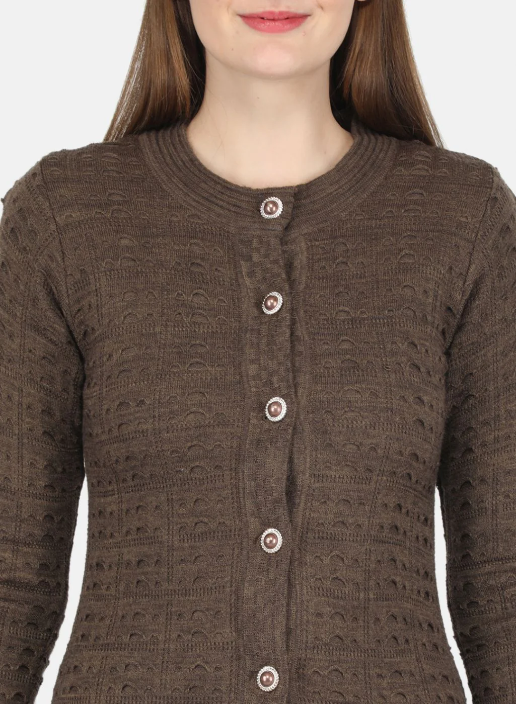 Women Brown Self design Cardigan - Image 5