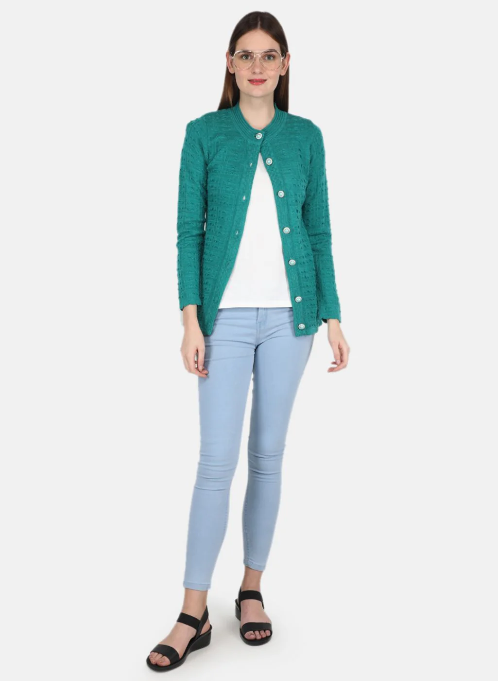 Women Green Self design Cardigan - Image 4