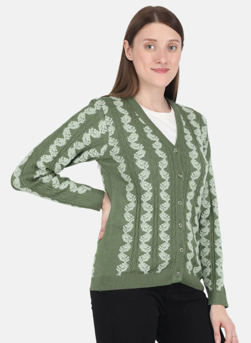 Women Green Self design Cardigan - Image 6