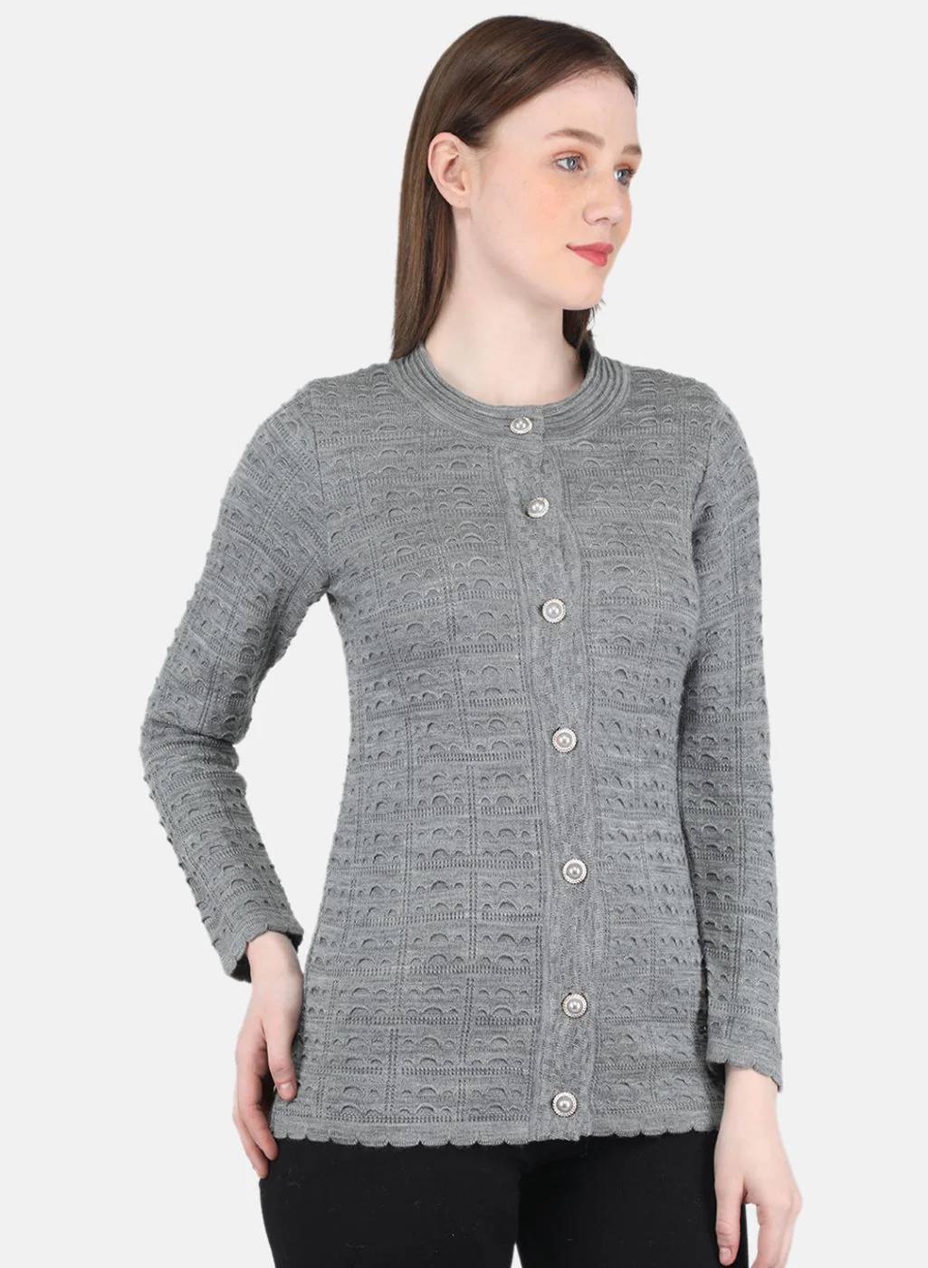 Women Grey Self Design Cardigan - Image 6