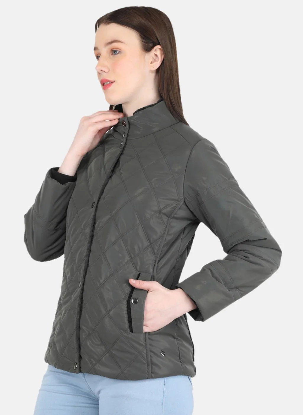 Women Grey Self Design Jacket - Image 2