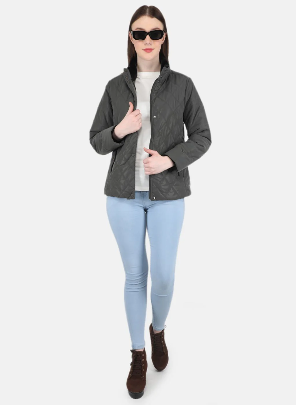 Women Grey Self Design Jacket - Image 4