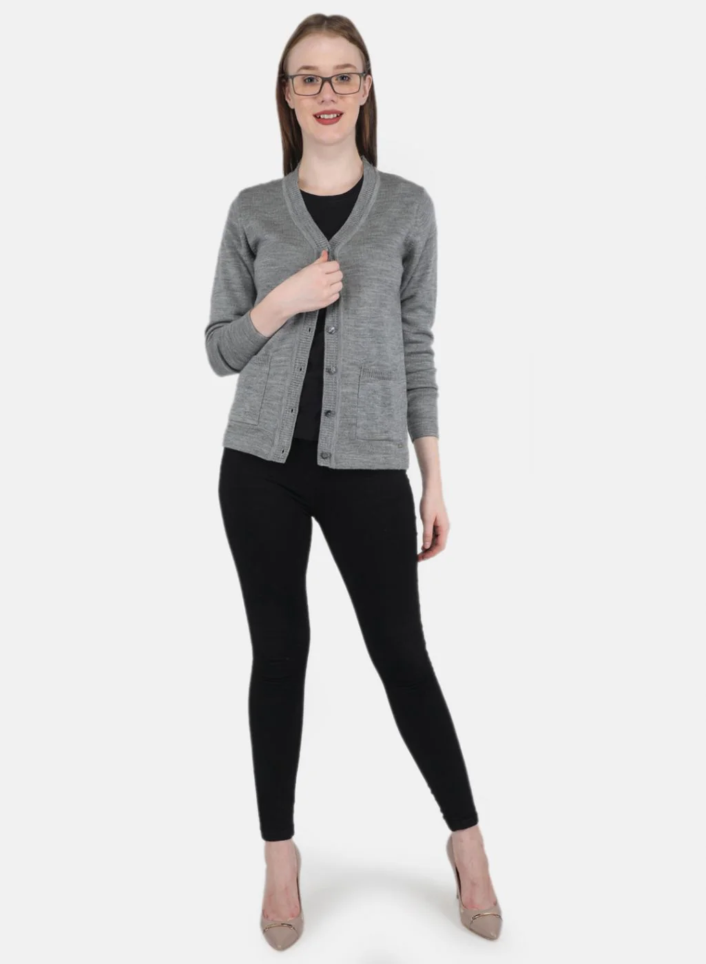Women Grey Solid Cardigan - Image 4