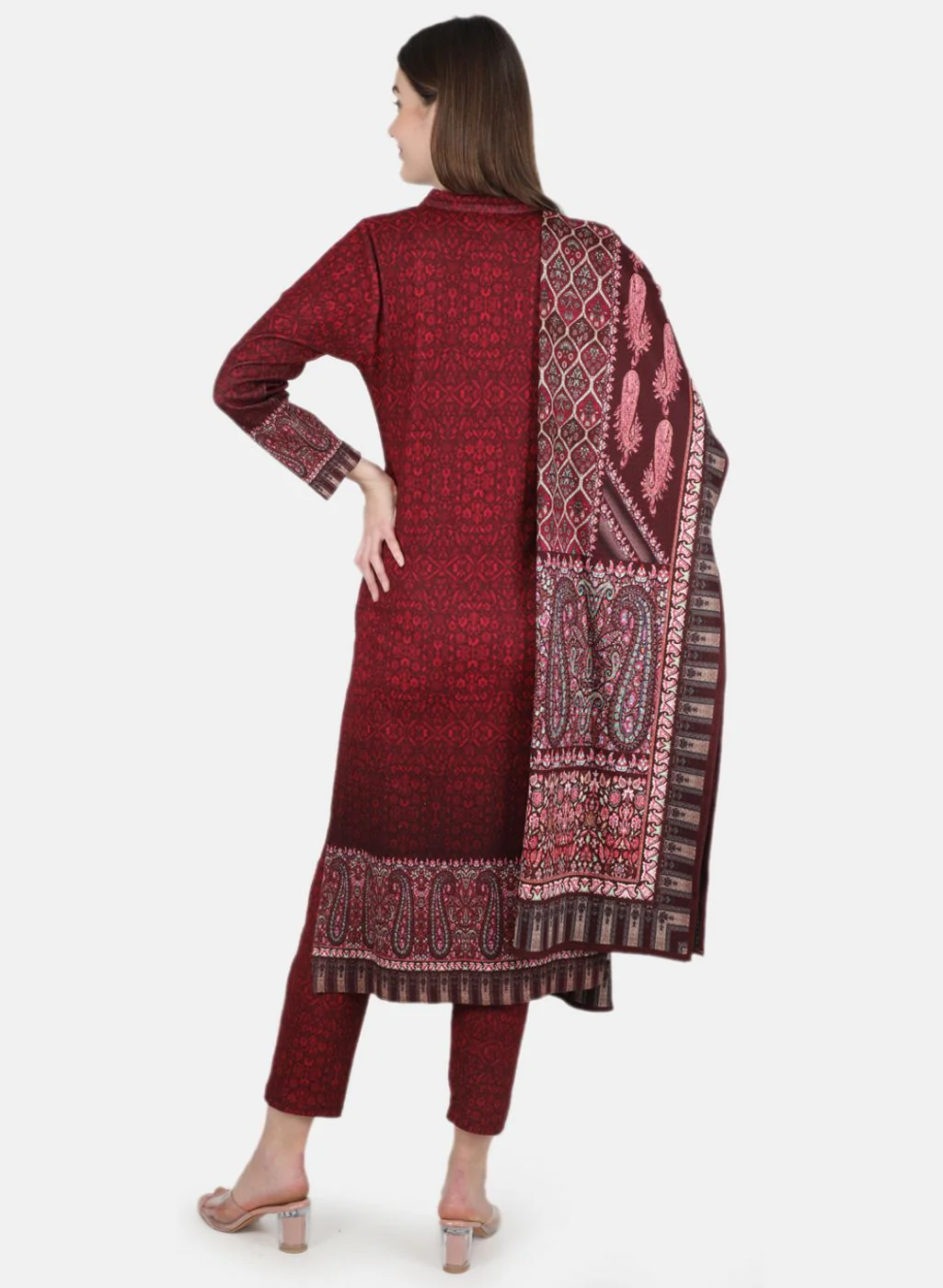 Women Maroon 3 Pc set (Kurti+Stole+Lower) for Winter - Image 3
