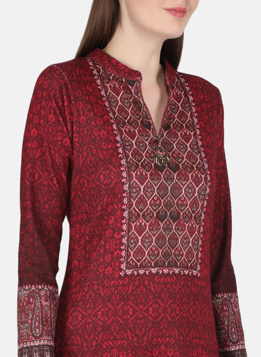 Women Maroon 3 Pc set (Kurti+Stole+Lower) for Winter - Image 6