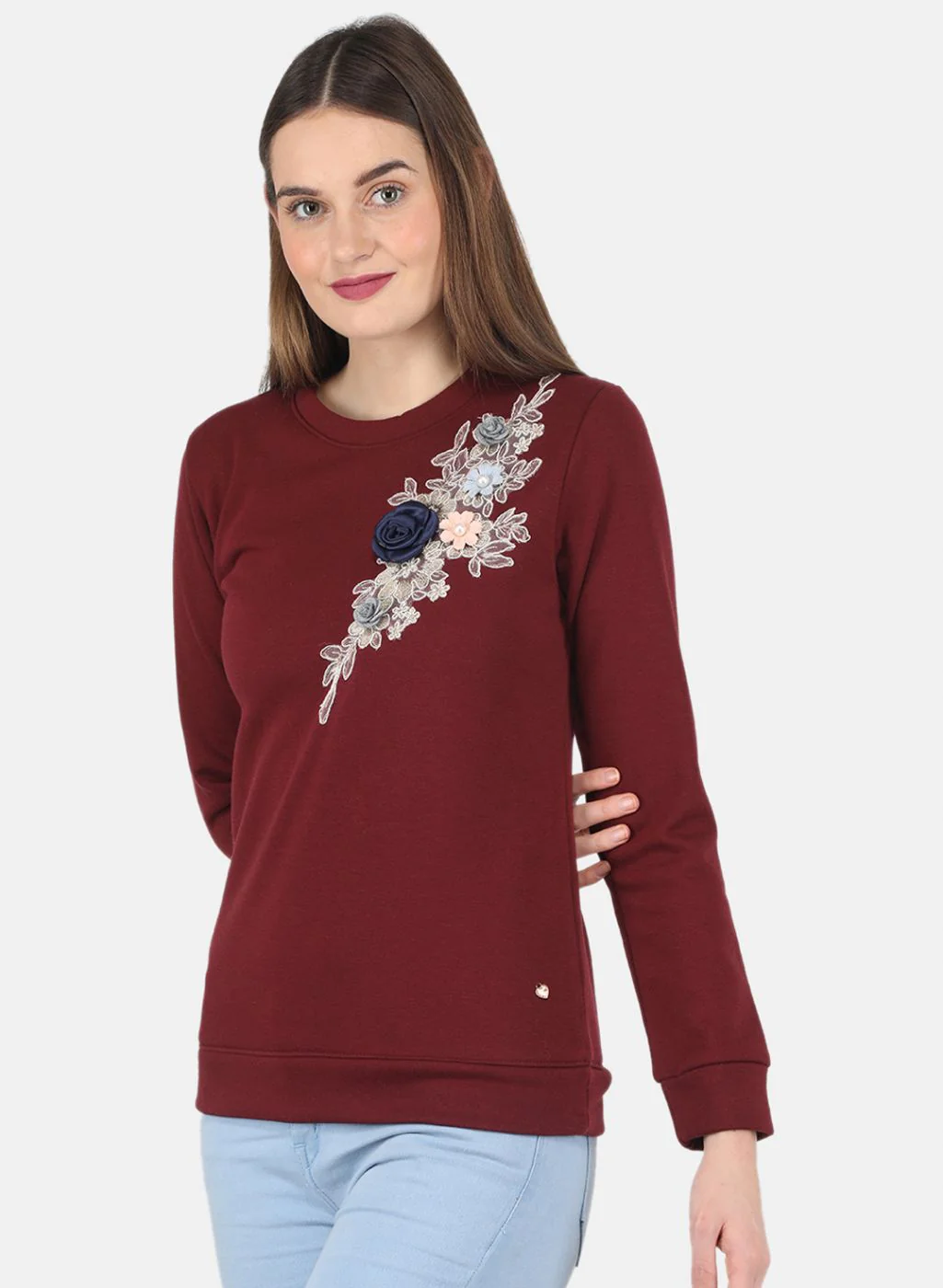 Women Maroon Embroidered Sweatshirt - Image 2