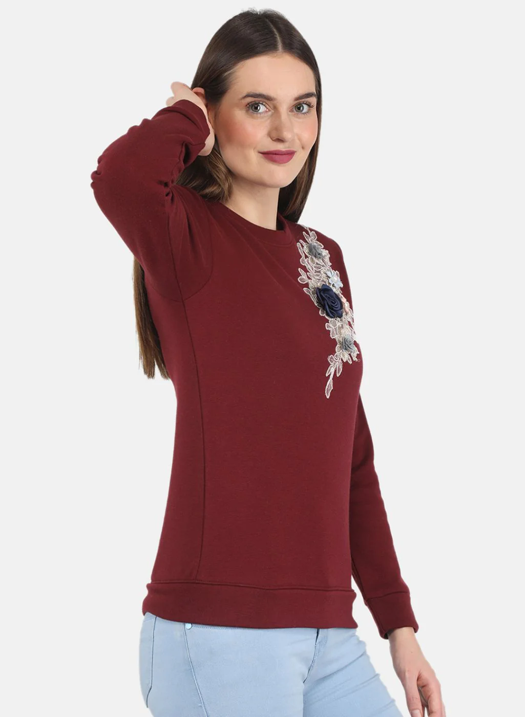 Women Maroon Embroidered Sweatshirt - Image 6