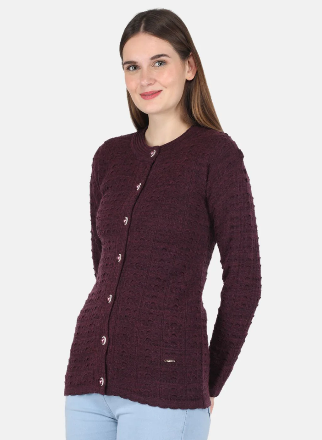 Women Maroon Self design Cardigan - Image 2