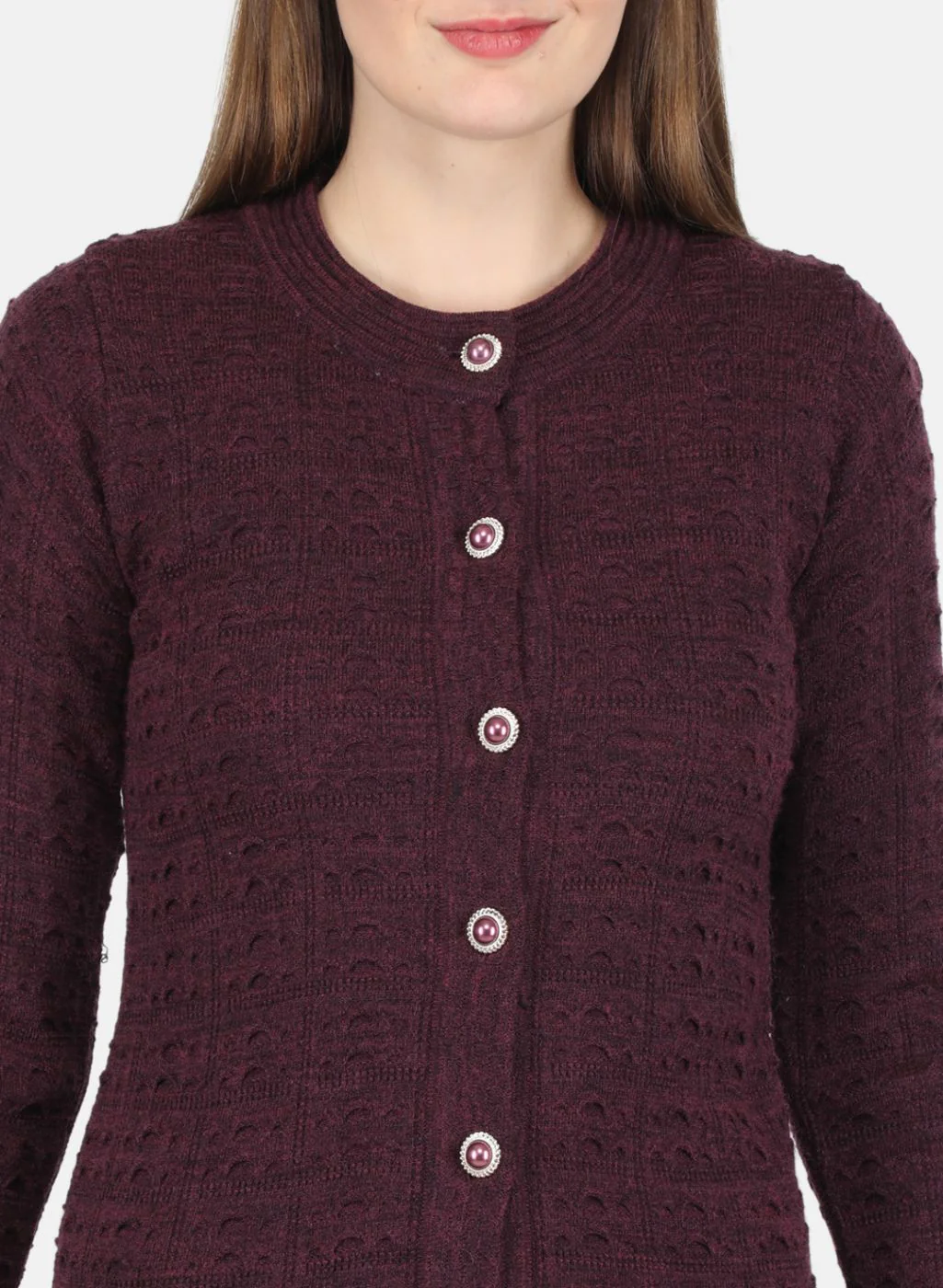 Women Maroon Self design Cardigan - Image 5