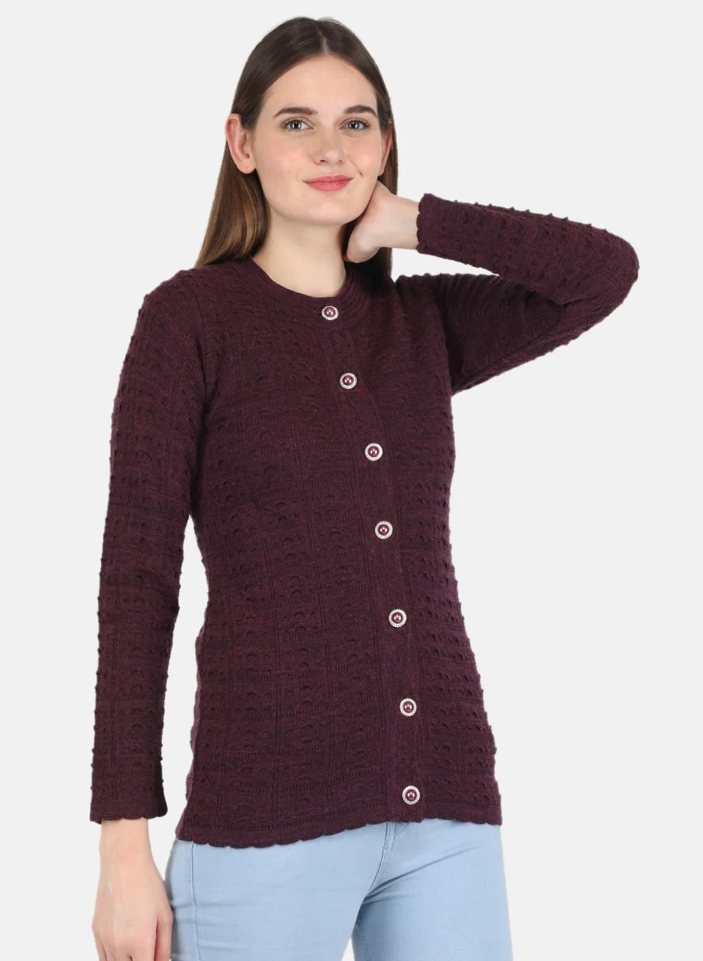 Women Maroon Self design Cardigan - Image 6
