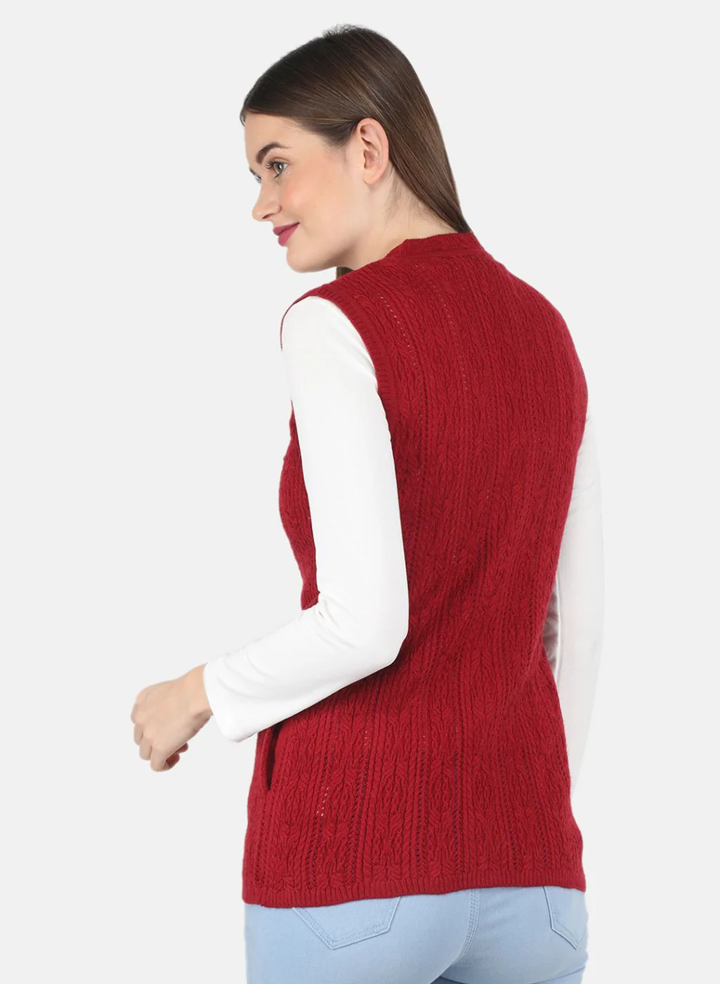 Women Maroon Self design Cardigan - Image 3