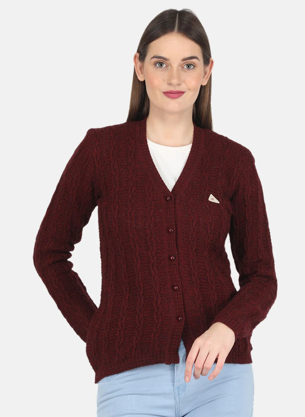Women Maroon Self design Cardigan