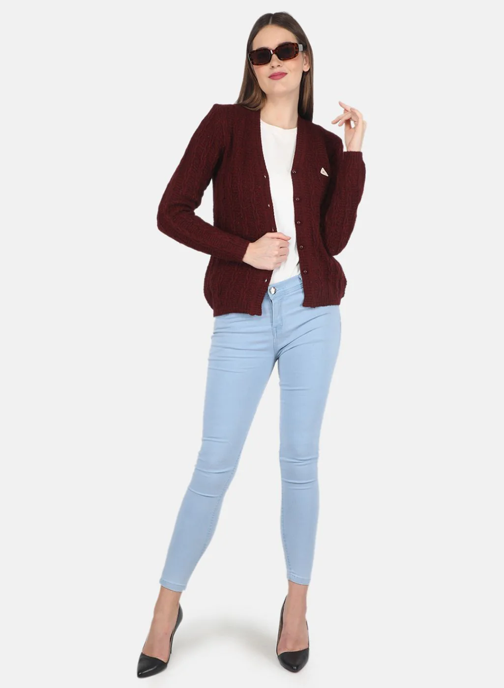 Women Maroon Self design Cardigan - Image 4