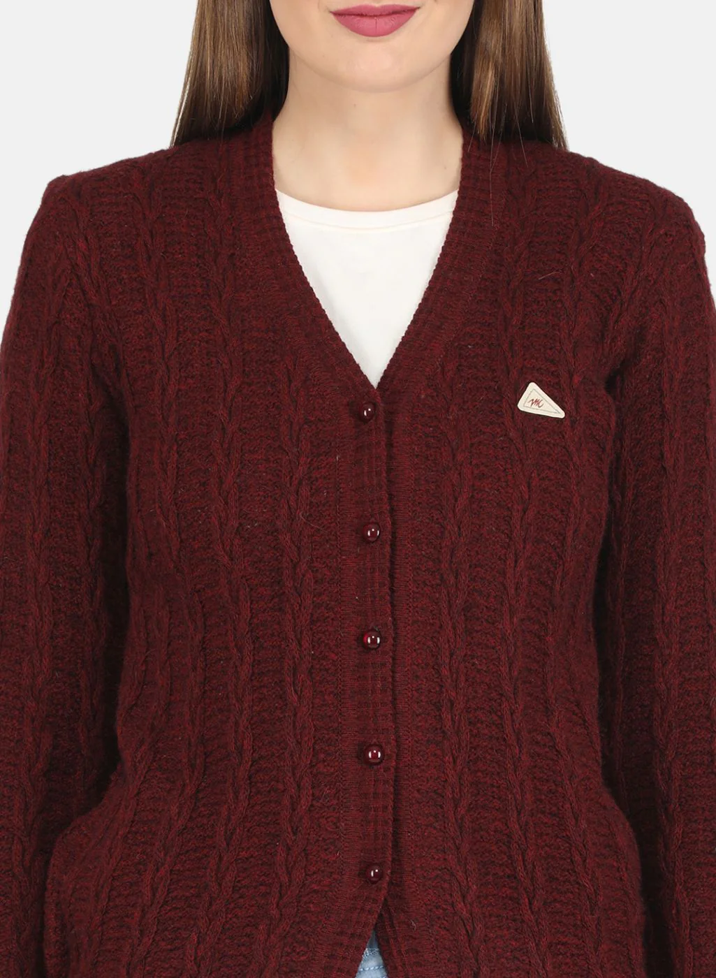 Women Maroon Self design Cardigan - Image 5