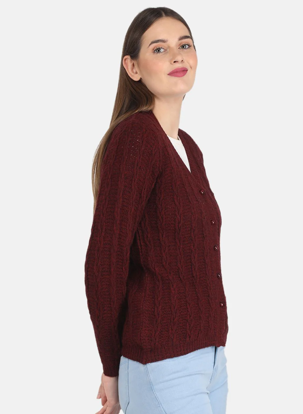 Women Maroon Self design Cardigan - Image 6