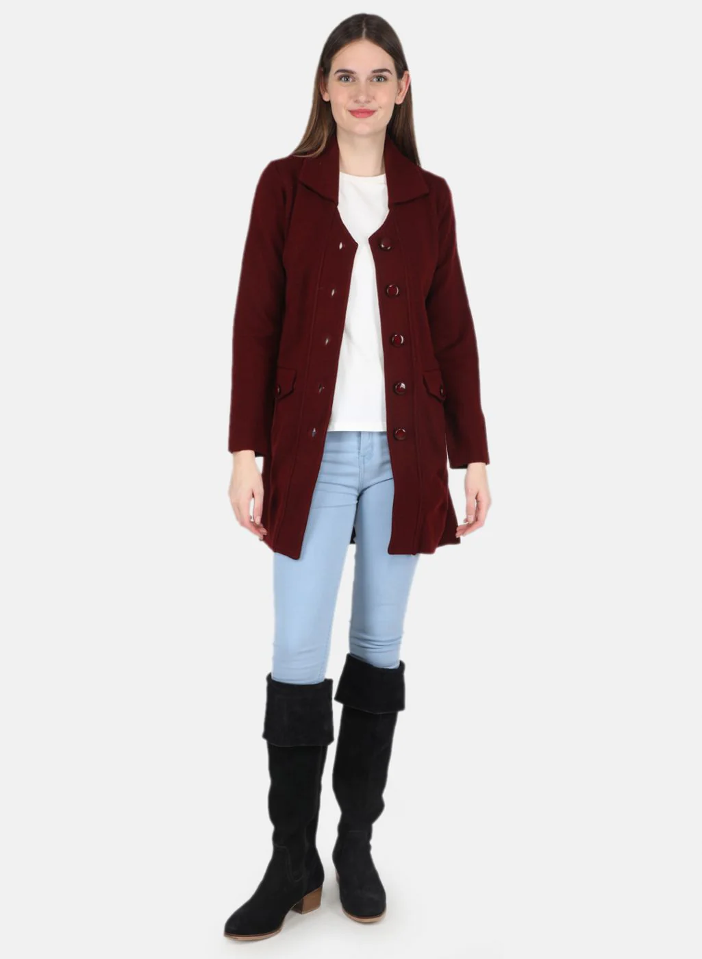 Women Maroon Self design Coat - Image 4