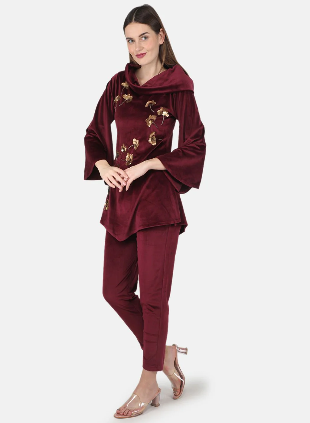 Women Maroon Self design CoordiNAte Set - Image 2