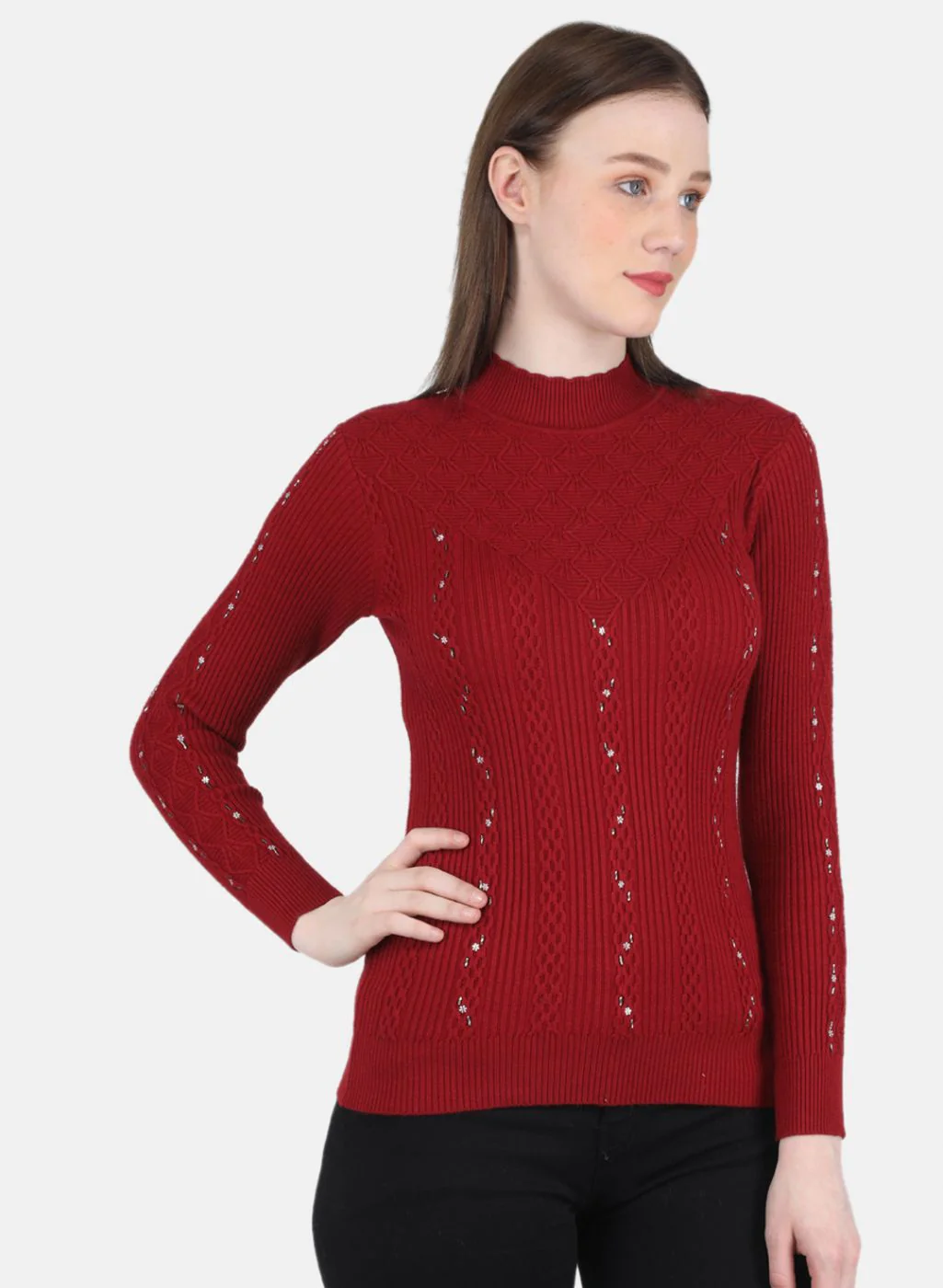Women Maroon Self Design Top - Image 6