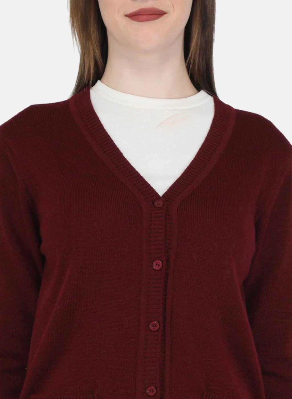 Women Maroon Solid Cardigan - Image 5