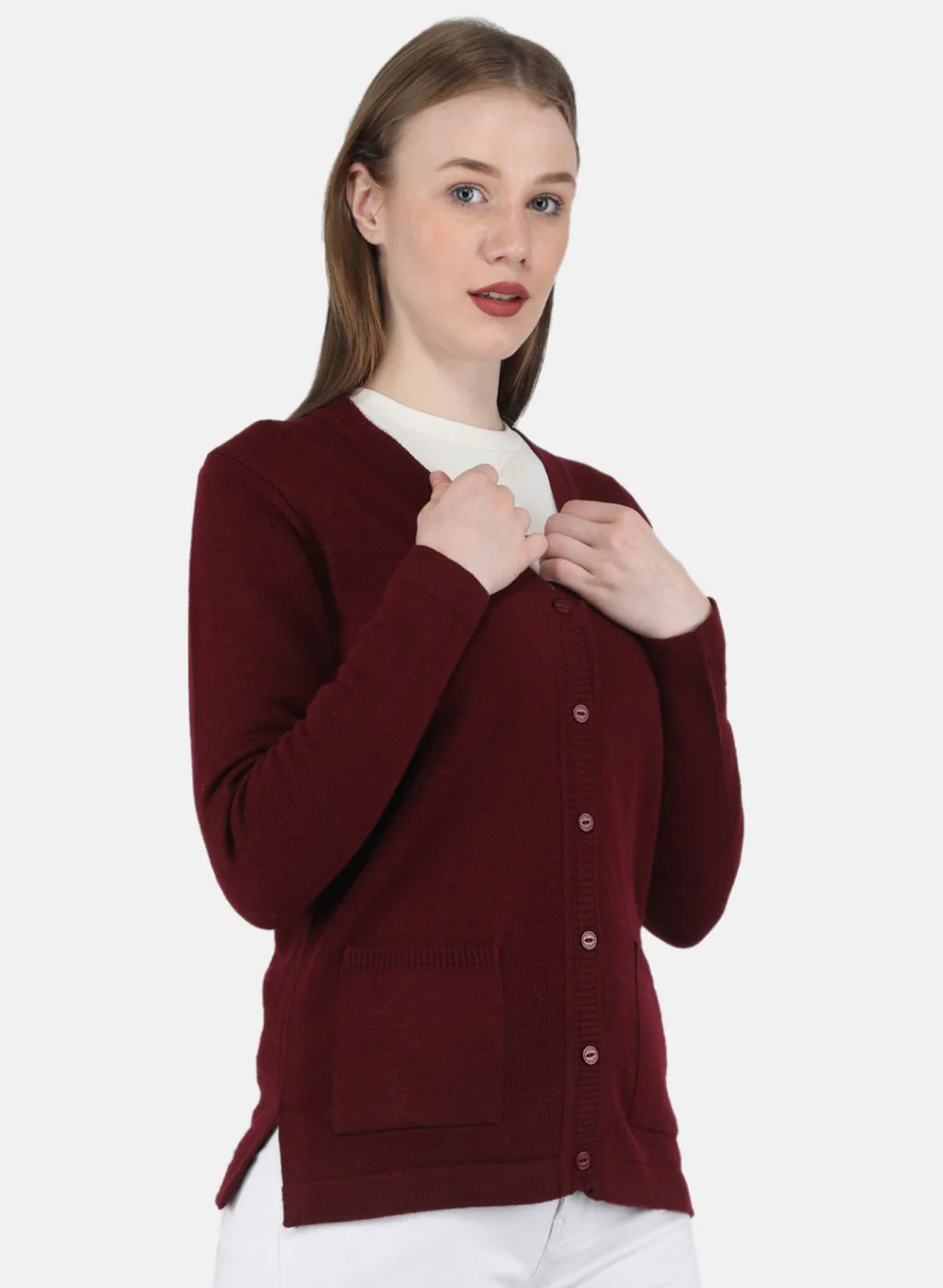 Women Maroon Solid Cardigan - Image 6