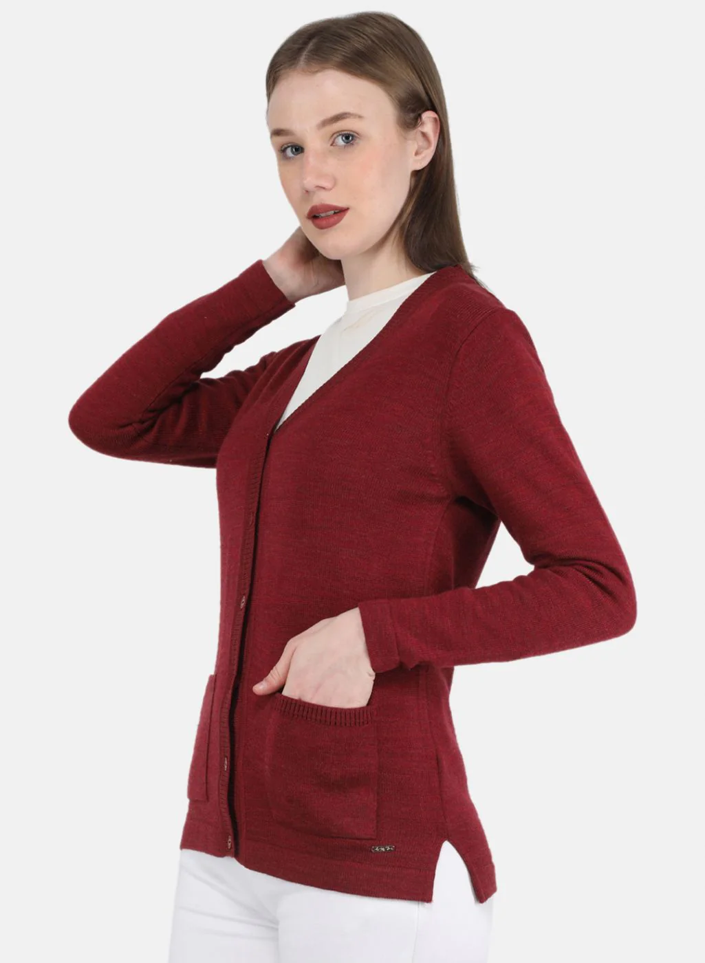 Women Maroon Solid Cardigan - Image 2