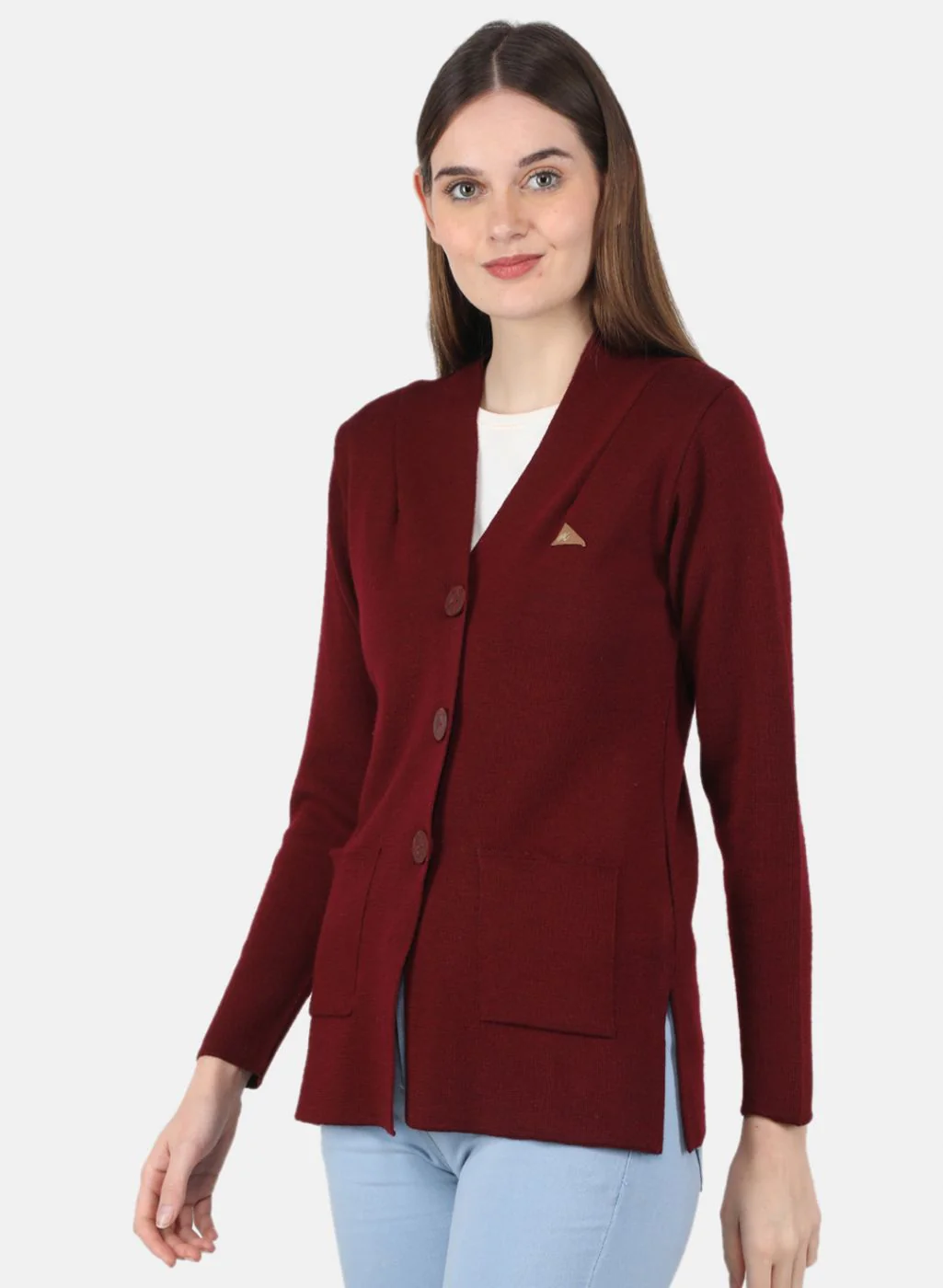 Women Maroon Solid Cardigan - Image 2