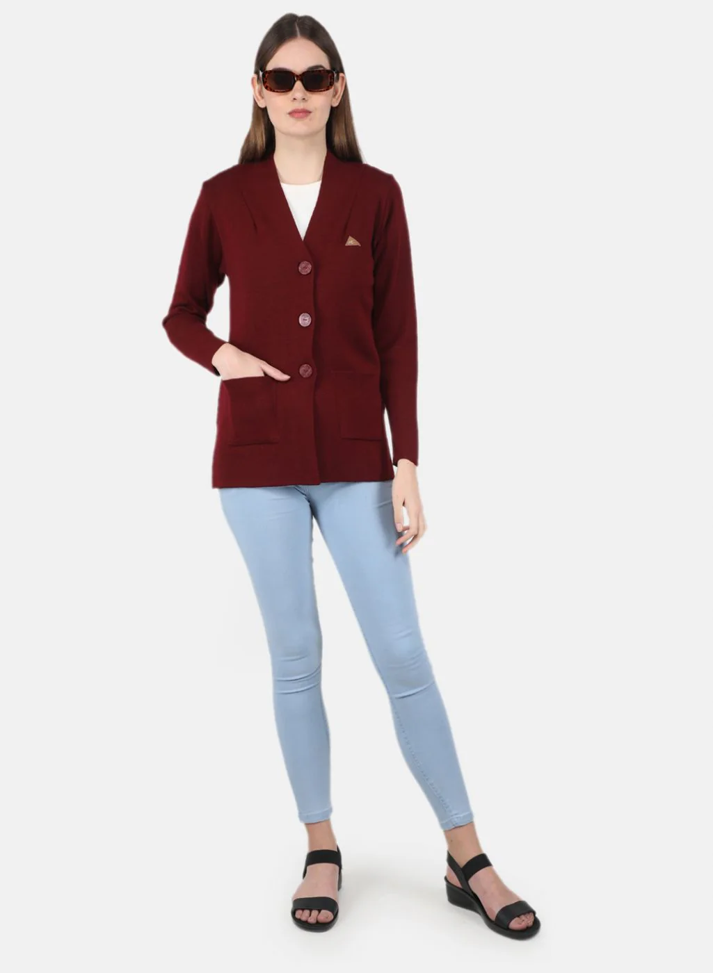 Women Maroon Solid Cardigan - Image 4