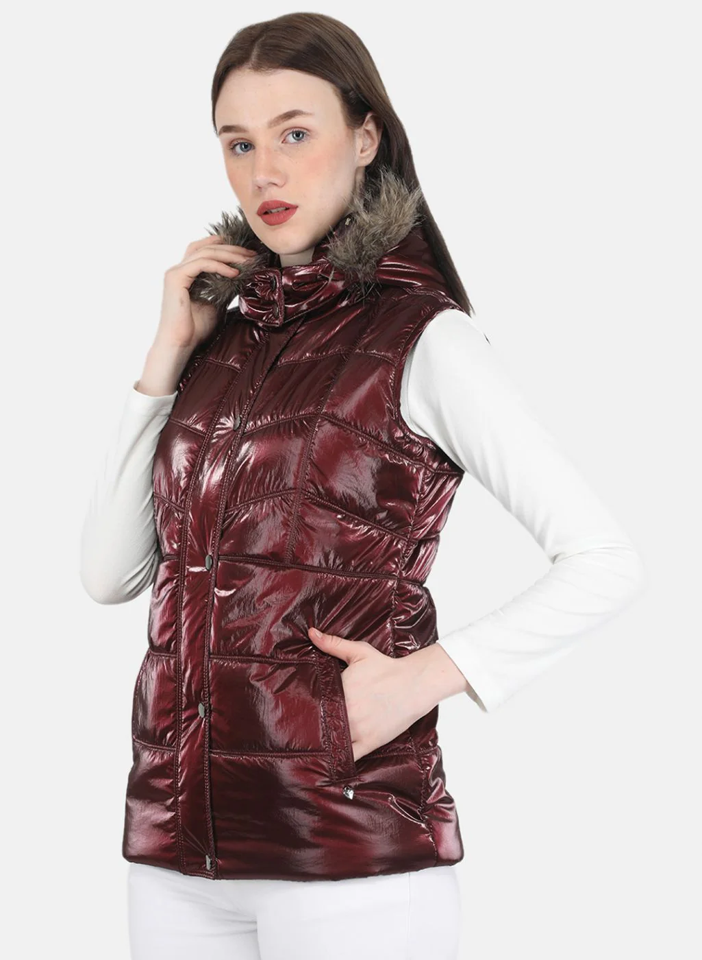 Women Maroon Solid Jacket - Image 2