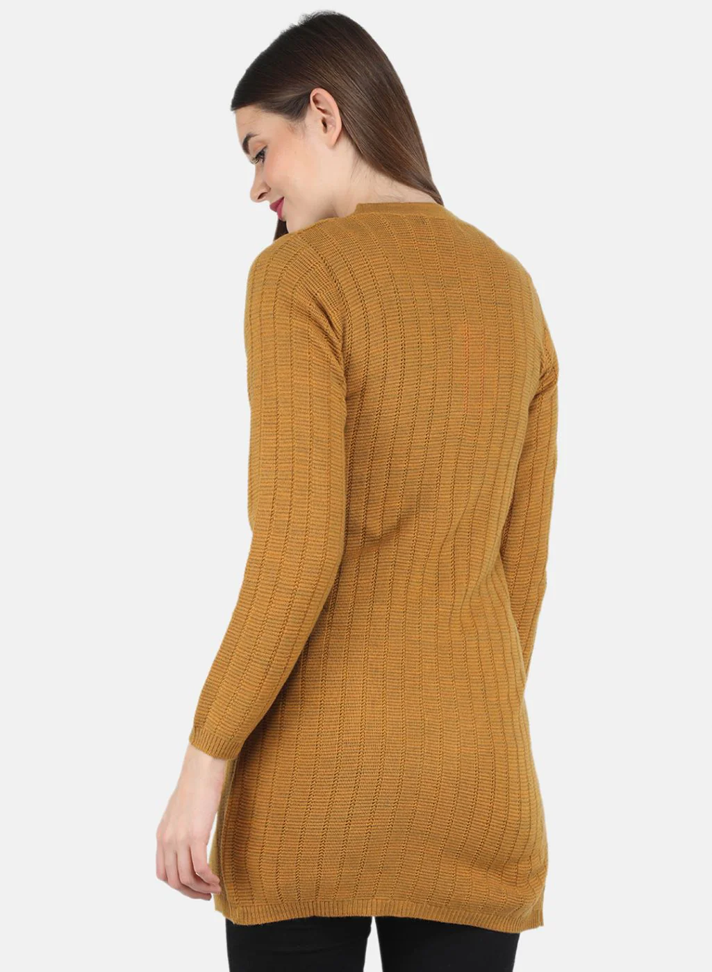 Women Mustard Self design Cardigan - Image 3