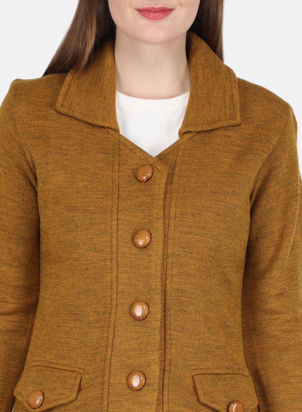 Women Mustard Self design Coat - Image 5