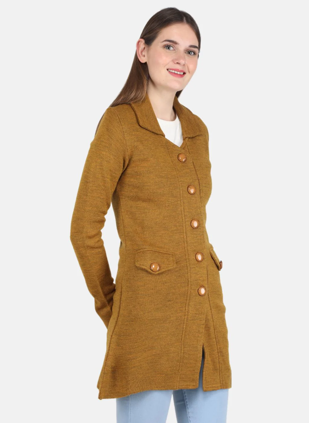 Women Mustard Self design Coat - Image 6