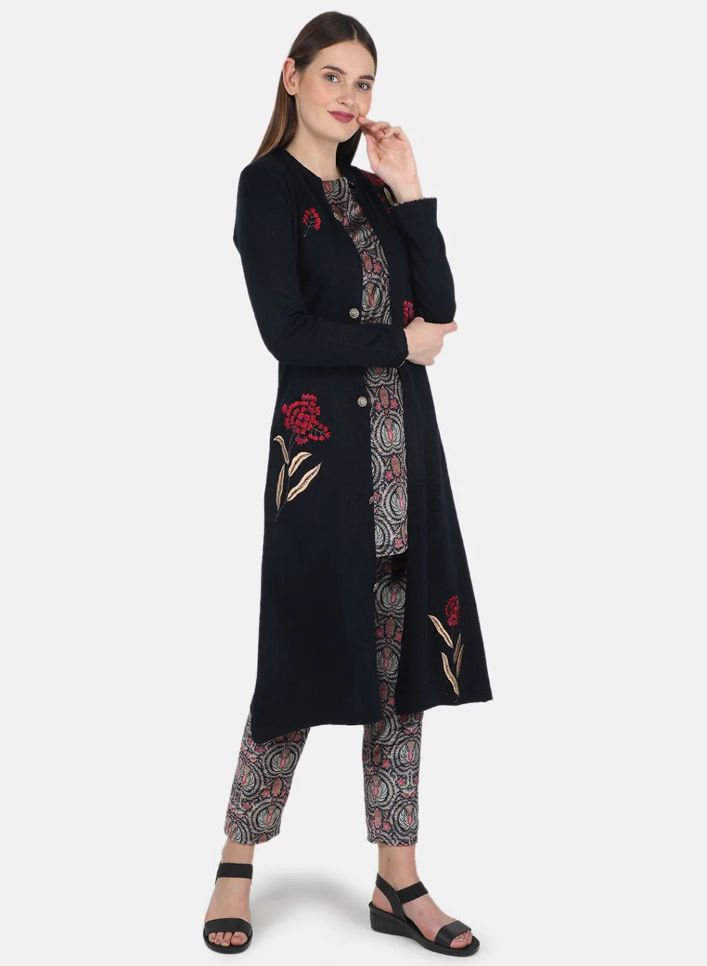 Women NAvy Blue Self design 3 Pc set (Kurti+Shrug+Lower) - Image 4